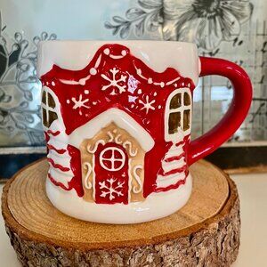NEW Christmas Red Gingerbread House Mug with Windows, Trees and Snow Frosting